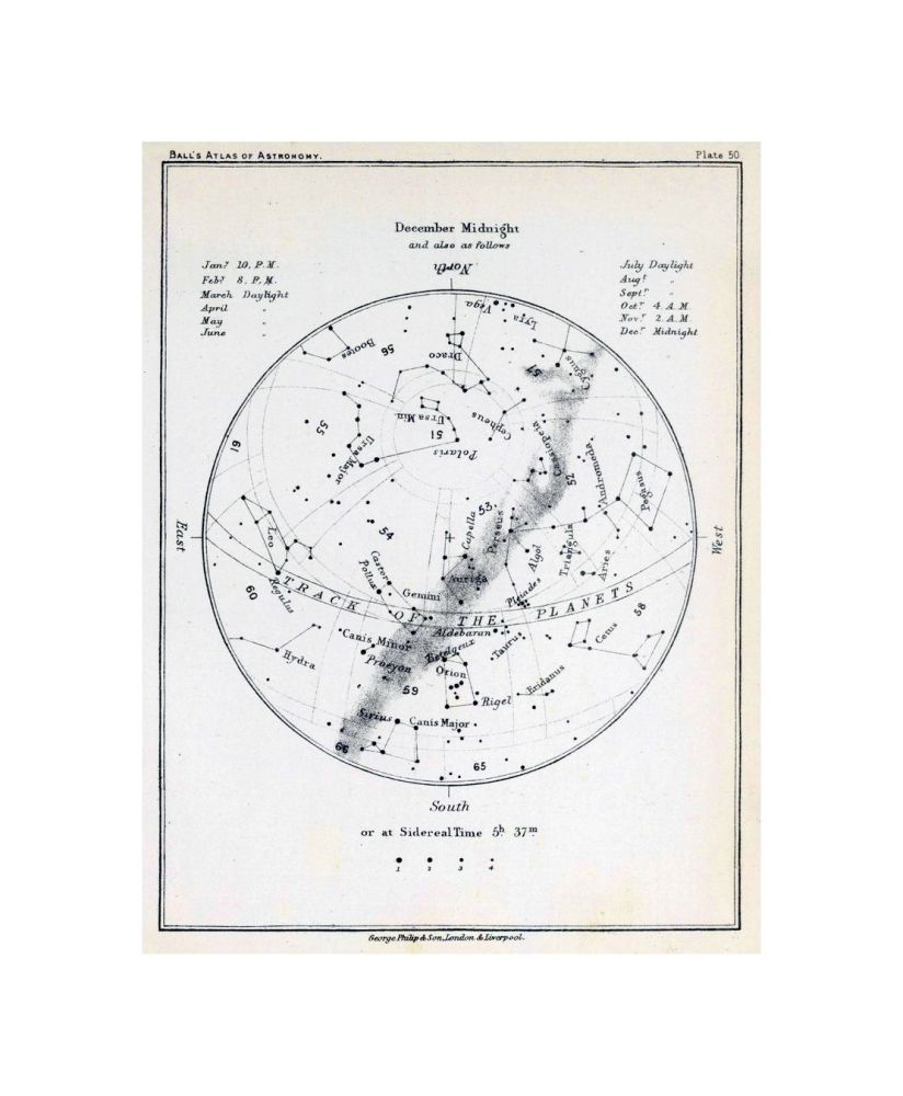 50. (Stars) December Midnight., An Atlas of Astronomy. A Series of Seventy-two Plates with Introduction and Index. By Sir Robert Stawell Ball, LL.D., F.R.S.... London: George Philip and Son... 1892., Publisher:George Philip and Son