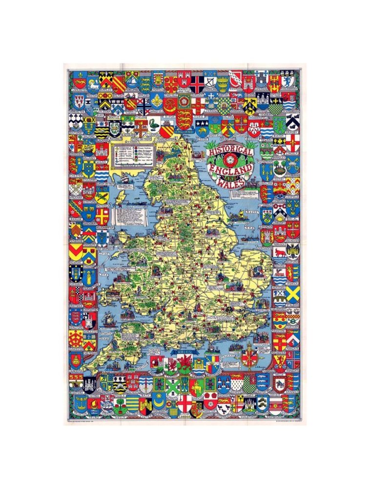 A wonderful large 1963 format pictorial map illustrating the history of England and Wales drawn by Leslie Bullock. The map coves all of England and Scotland with historical locations and events illustrated pictorially in, the form of charming cartoon vig