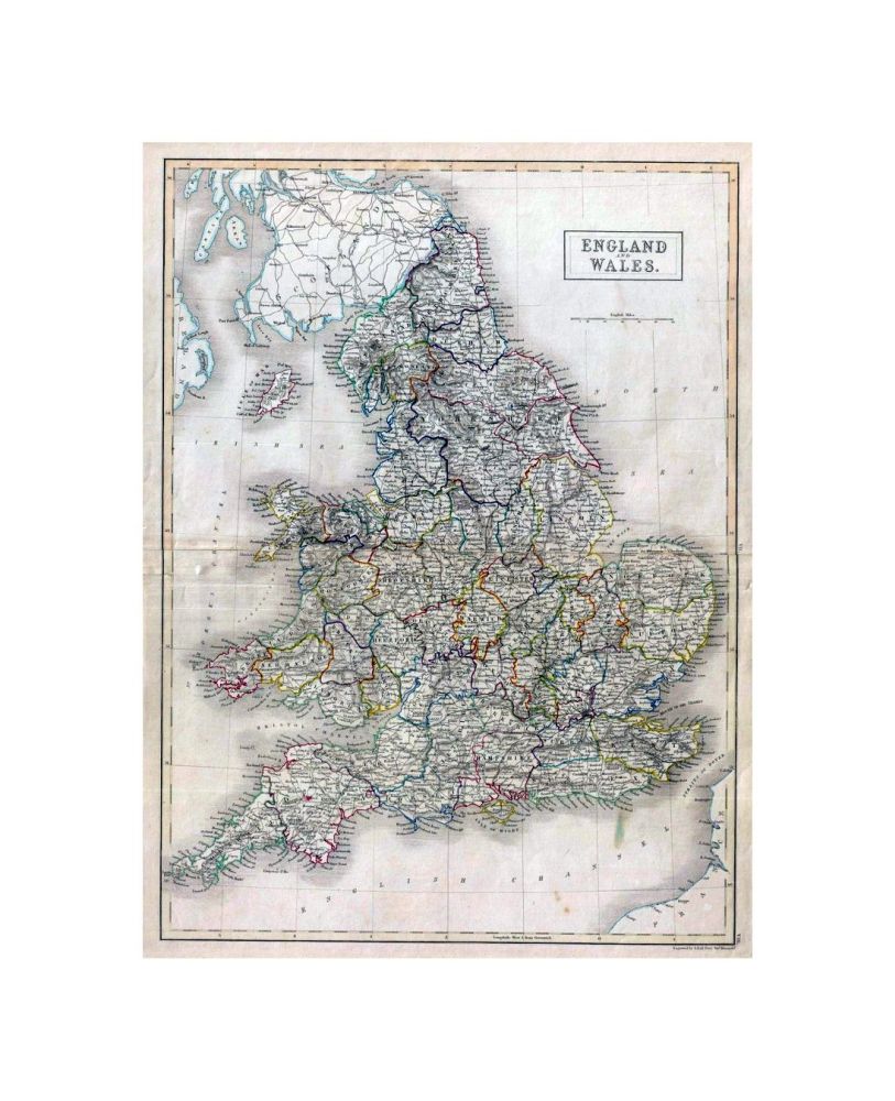 A fine example of Adam and Charles Black's 1840 map of england and Wales. The map covers both england and Wales from Northumberland to Cornwall and includes the Isle of Man. During this time, both england and Wales were in, the midst of the Industrial Re