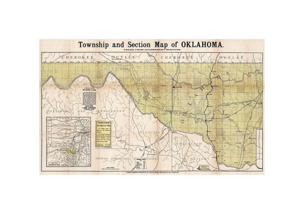 Township and Section Map of Oklahoma. Taken From Government Surveys. Hudson-Kimberly Publishing Co., Printers, Binders, Map Engravers, Etc., Kansas City. H-K Pub. Co. Engs. K.C. (untitled inset map of Oklahoma and surrounding states).,