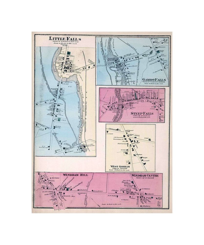 Little Falls, Town of Windham and Gorman. Gambo Falls, Towns of Windham and Gorman. Steep Falls, Town of Standish. West Gorman, Town of Gorman. Windam Hill; Windham Centre, Town of Windham., Atlas Of Cumberland County, Maine. From actual Surveys by and u