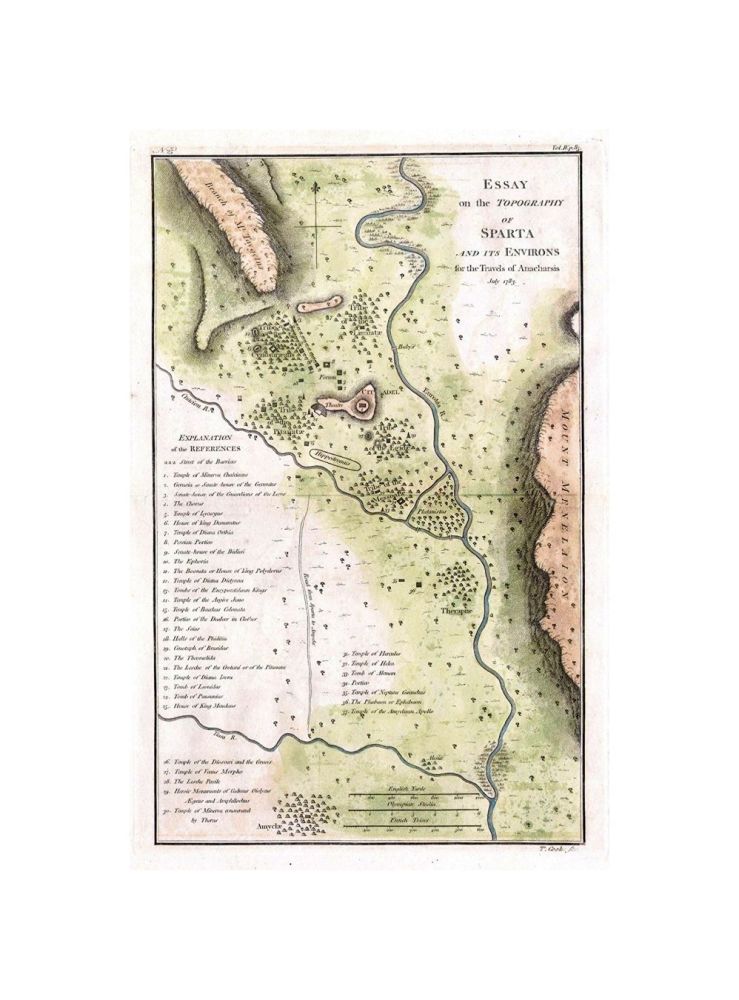 This lovely little map of Sparta, in, the west of Ancient Greece, was prepared by M. Barbie de Bocage in, 1783 for the "Travels of Anarcharsis". Follows the earlier D'Anville map. Unlike its rival city Athens, Sparta left very little in, terms of archeol