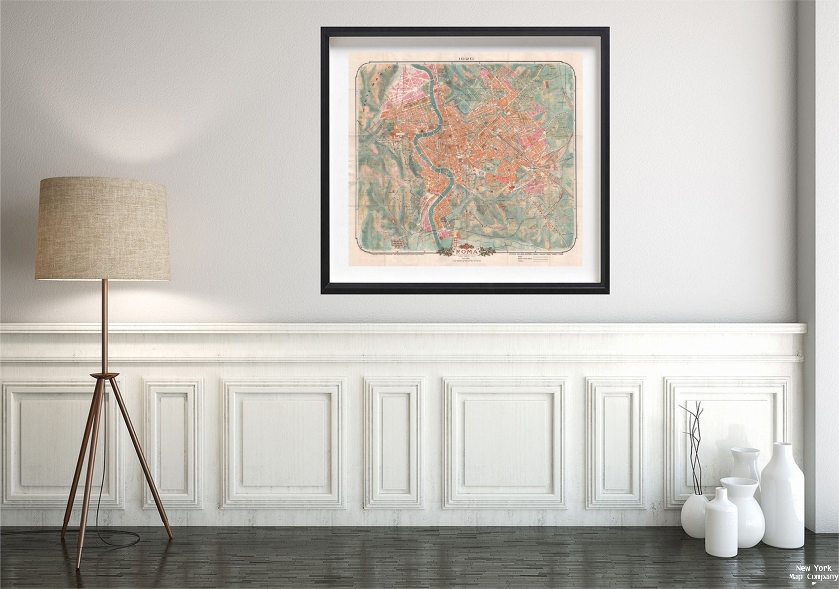 A highly decorative 1920 map of Rome by Augusto Trabacchi. This map is a combination of a traditional street plan and a topographical map. For the developed urban center of Rome, streets are named and blocks are shaded orange. Parks are also noted. For s