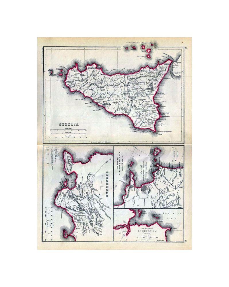 This is a beautiful 1867 map by William Hughes depicting Sicily, Syracuse and important ports in, Italy during the Roman period. Essentially four maps on the single sheet, the largest map of Sicily depicts the island during ancient Roman Times. The map n