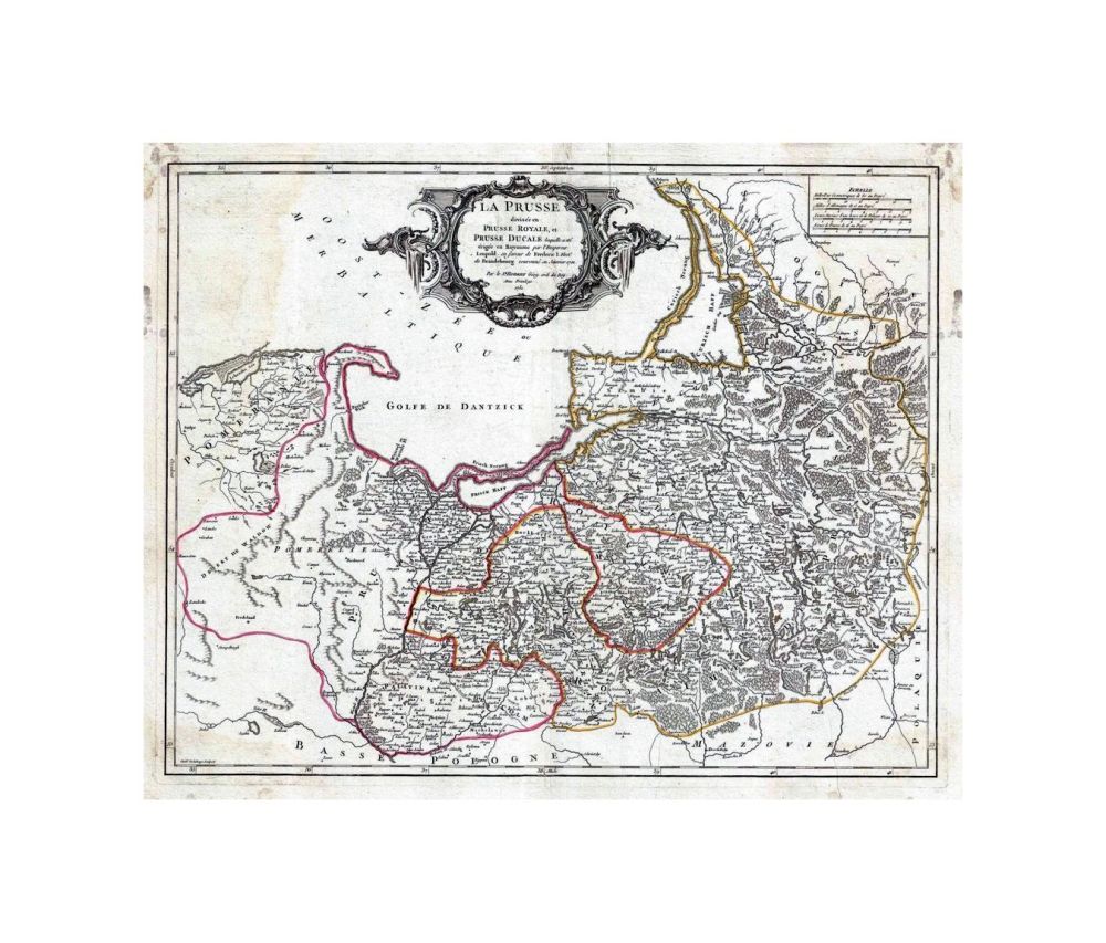 This is a beautiful 1751 map of Prussia by Robert de Vaugondy. It covers the northeastern part of Poland and Lithuania and extends from Grodno and the Spirding-See in, Poland north to Klaipeda in, Lithuania and west as far as Leba and depicts the Holy Ro
