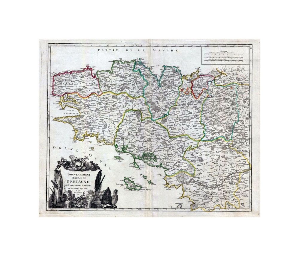 This is a beautiful 1751 map of Brittany, France by Robert de Vaugondy. It covers the former province of Brittany from Avranches south to Isle de Noirmoutier and from the Celtic Sea inland as far as Ingrande. The region includes the departments of Finist