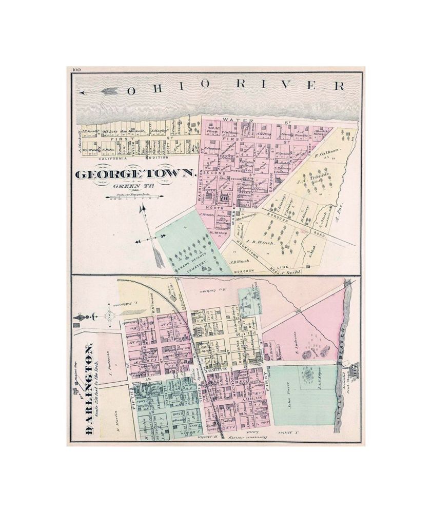 Georgetown. Green TP. (inset) Darlington. (to accompany) Caldwell's Illustrated, Historical, Centennial Atlas Of Beaver County, Pennsylvania. From actual Surveys by and under the directions of J.A. Caldwell. Assisted by C.T. Arms, Sr. C.E. J.A. Underwood