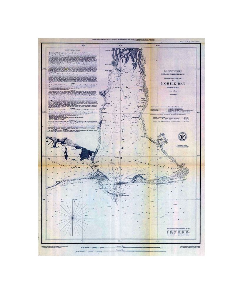Preliminary sketch of Mobile Bay. U.S. Coast Survey. A.D. Bache, Superintendent. Published in, 1852. Second edition. Reduction for engraving--topography by J. Lambert and J.J. Ricketts; hydrography by M.C. Gritzner. Outlines engraved by H. Evens; topogra