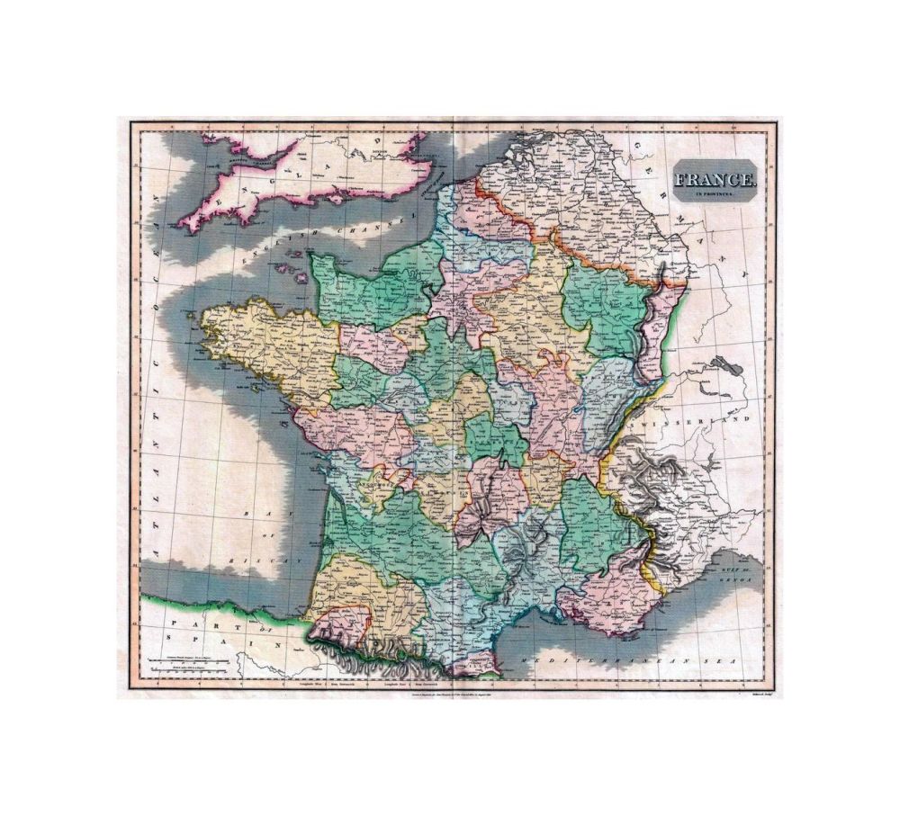 This hand colored map is a steel plate engraving, dating to 1814 by the important English mapmaker John Thomson. It depicts France divided into its color coded provinces. Until 1790 France was divided into 40 provinces based on local loyalities and feuda