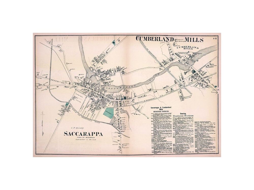 Cumberland Mills. Saccarappa, Town of Westbrook., Atlas Of Cumberland County, Maine. From actual Surveys by and under the Direction of F.W. Beers. Assisted by Geo. P. Sanford and Others, Published by F.W. Beers and Co. 93 and 95 Maiden Lane, New York. 18