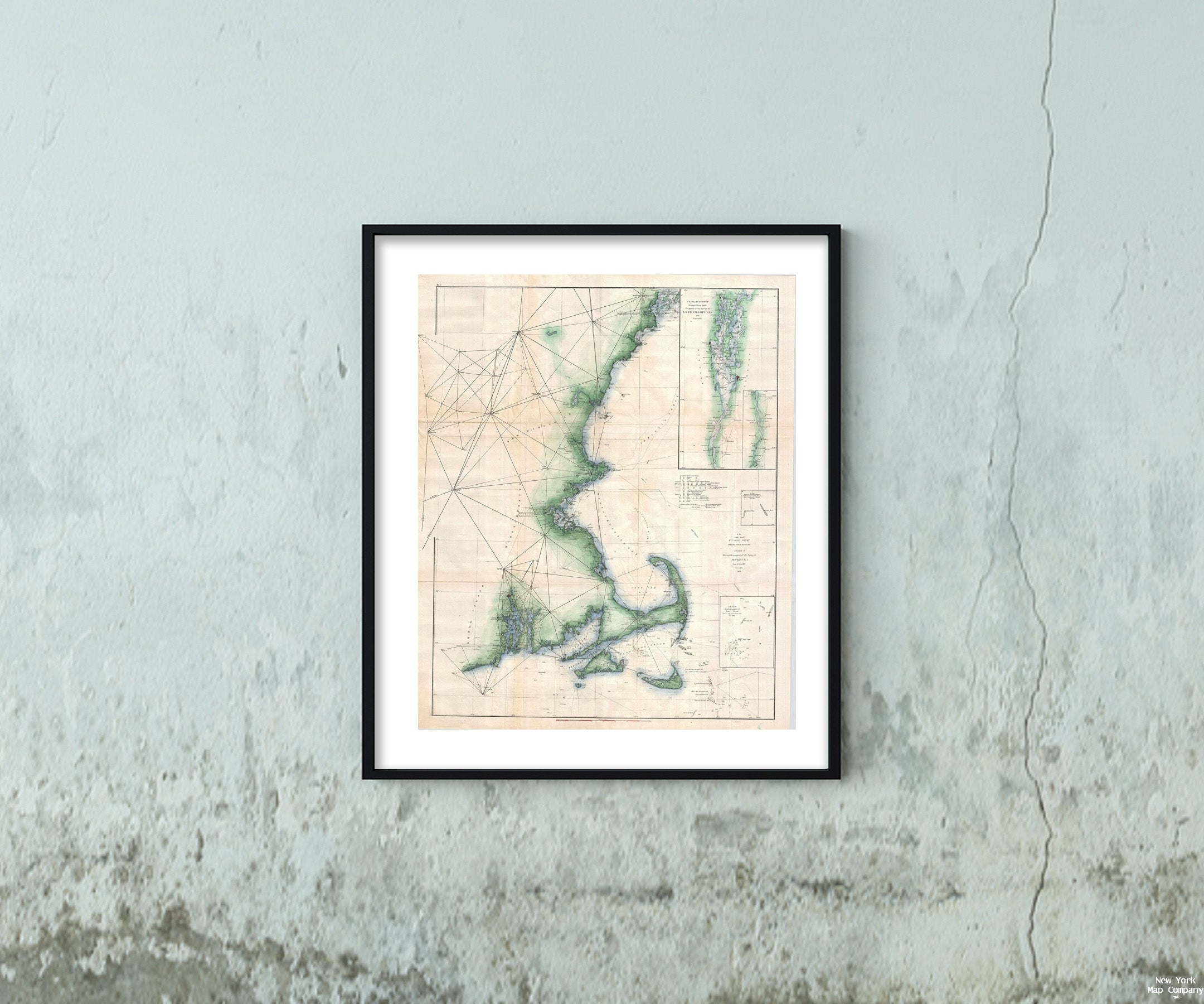 An exceptional example of the 1873 U.S. Coast Survey's progress nautical chart for Massachusetts and Maine. Covers the coast line from Narraganset Bay (Rhode Island) eastwards past Martha's Vineyard and Nantucket then north to Cape Cod, Boston Harbor, Ca