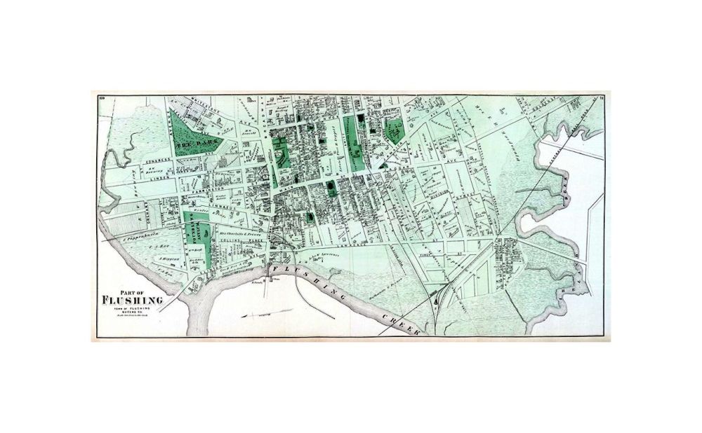 Part of Flushing, Town of Flushing, Queens Co., Atlas Of Long Island, New York. From Recent And Actual Surveys And Records Under the Superintendence of F.W. Beers. Published By Beers, Comstock and Cline, 36 Vesey Street, New York. 1873. Entered... 1873 b