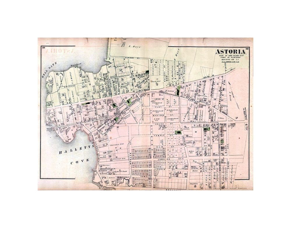 A scarce example of Fredrick W. Beers' map of the southern part of Astoria, Queens, New York. Published in, 1873, this magnificent map covers from Hells Gate and Halletts Cove eastward as far as Third Ave and the "Lorrenz and Wiegand's Hot Houses". Stree
