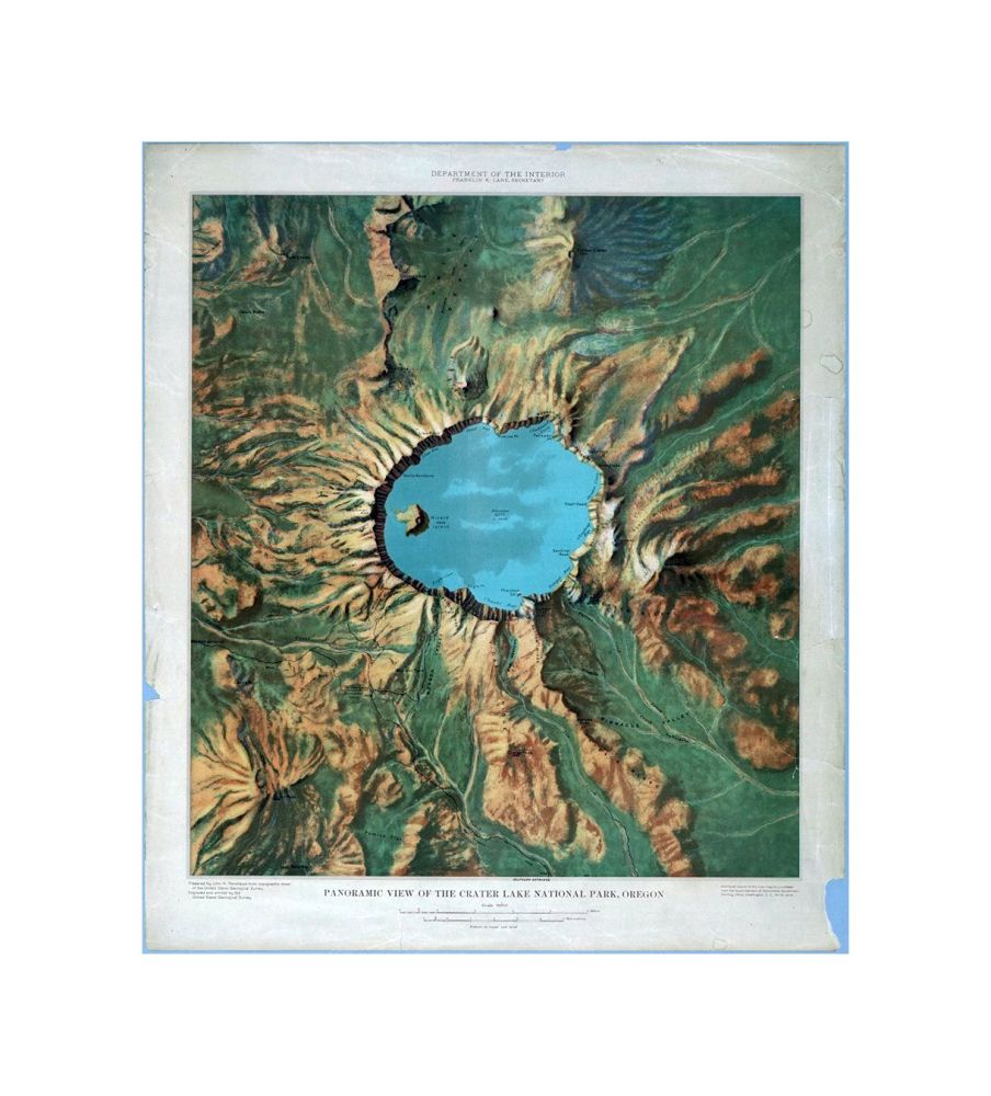 Historic Map, Panoramic View of the Crater Lake National Park. 1915, Historic Antique Vintage Map Reprint