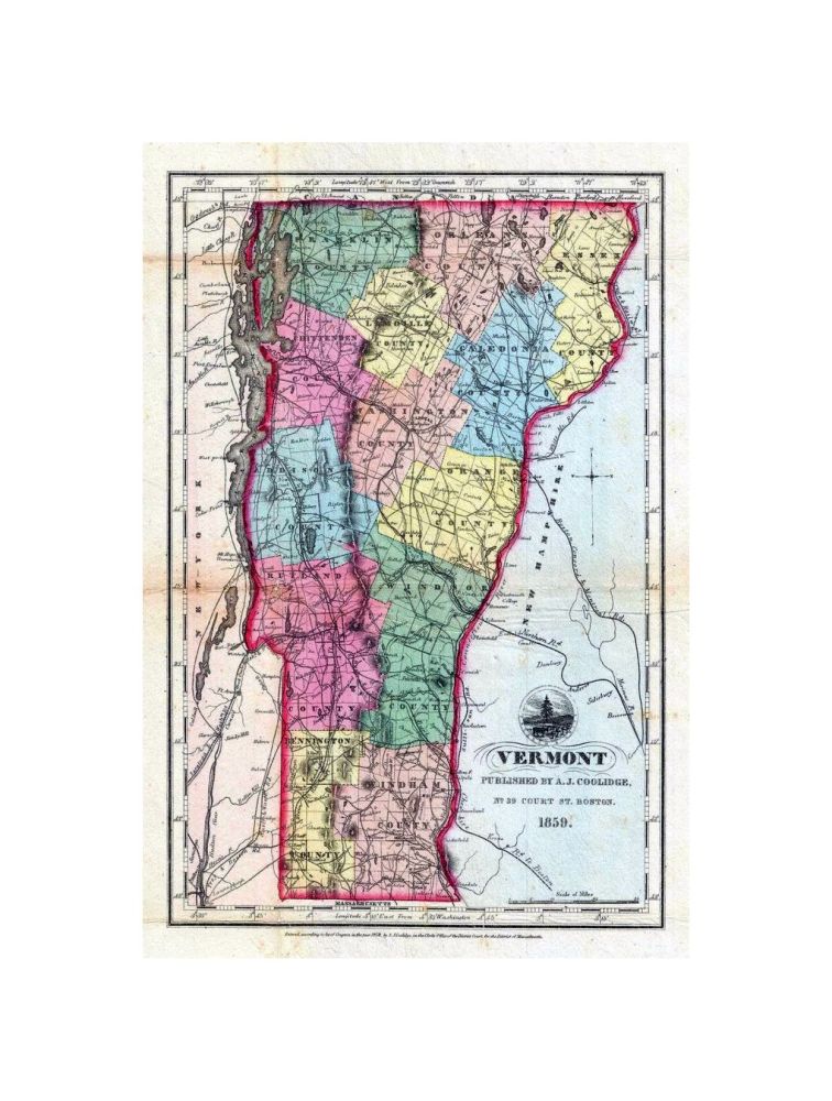 This is an excellent 1859 map of Vermont by A. J. Coolidge. This example covers the entire state as well as adjacent parts of New Hampshire and New York. It is very uncommon to find a mid-19th century exclusively depicting Vermont, as most maps of the pe