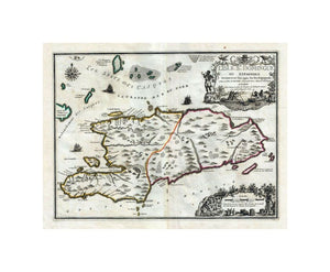 A stunning large format example of Nicolas De Fer and Guillaume Danet's map of the island of Santo Domingo or Hispaniola. The map coves the island in, full as well as parts of adjacent Cuba and Turks and Caicos. The island is shown with colored boundarie