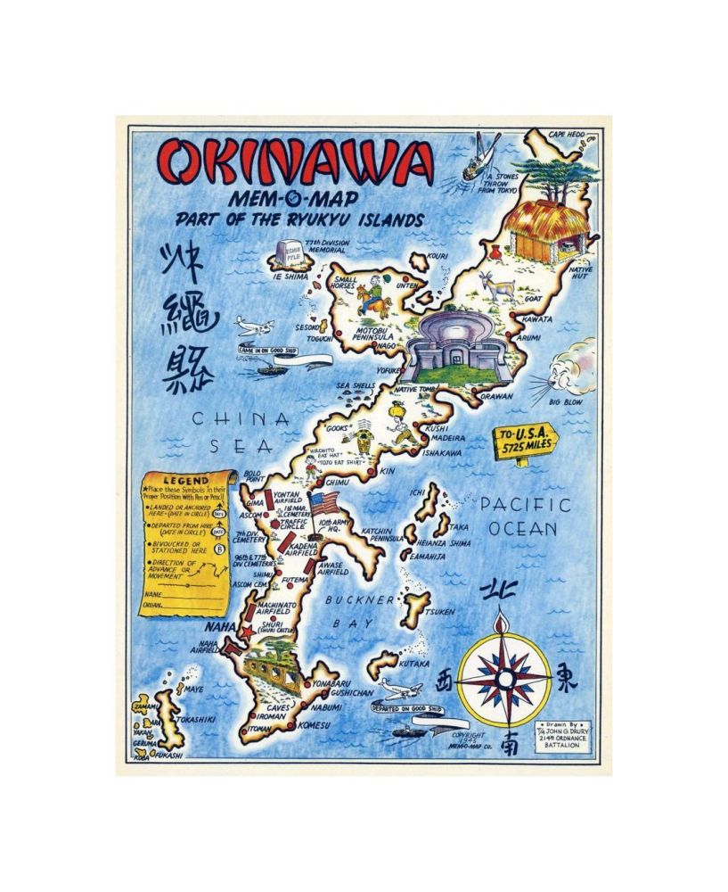Okinawa Mem-O-Map part of the Ryukyu Islands. Drawn by T/4 John G. Drury 214th_ Ordnance Battalion. Copyright 1945 Meme-O-Map Co., Okinawa Mem-O-Map part of the Ryukyu Islands. Drawn by T/4 John G. Drury 214th_ Ordnance Battalion. Copyright 1945 Meme-O-M