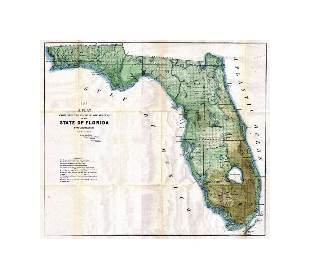 An exceptional example of the 1853 Land Survey Map of Florida. This map represents the state of the Land Survey in, Florida as of September 30, 1853. Shows the state divided into several hundred numbered plats, some of which are marked with an "S" to sta