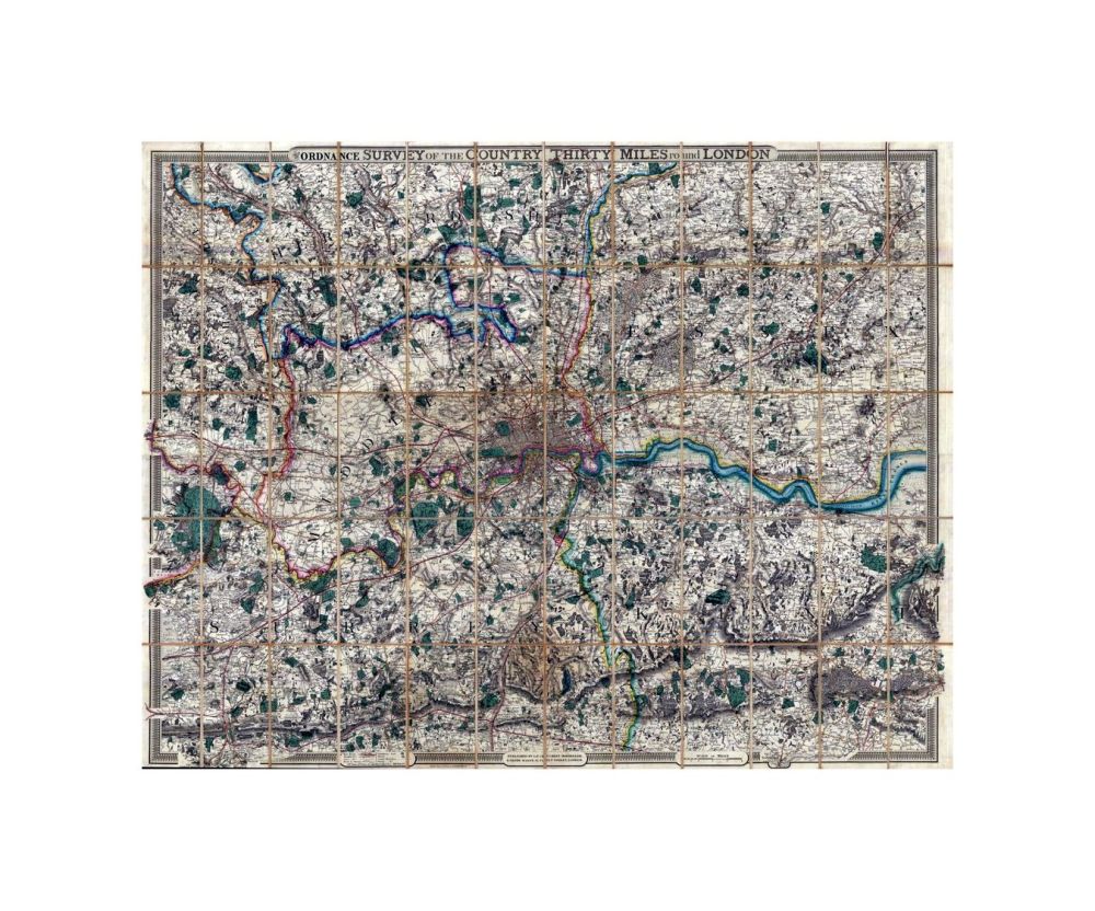 An uncommon 1855 map of London and its immediate environs by G. F. Cruchley. Presented here in, case format, Cruchley's map covers the lands 30 miles around London, or from Hertford to Turnbridge and Godalming, and from Windsor to Chatham. exceptionally