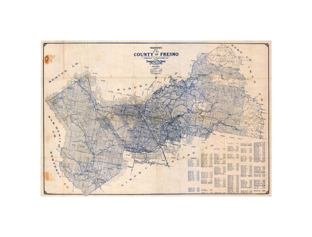 An appealing c. 1920 map of Fresno County, California by the Progressive Map Service. Printed in, blue ink, this pocket map covers all of Fresno County broken up into land plats by the state survey. The city of Fresno is located at center. Today, Fresno