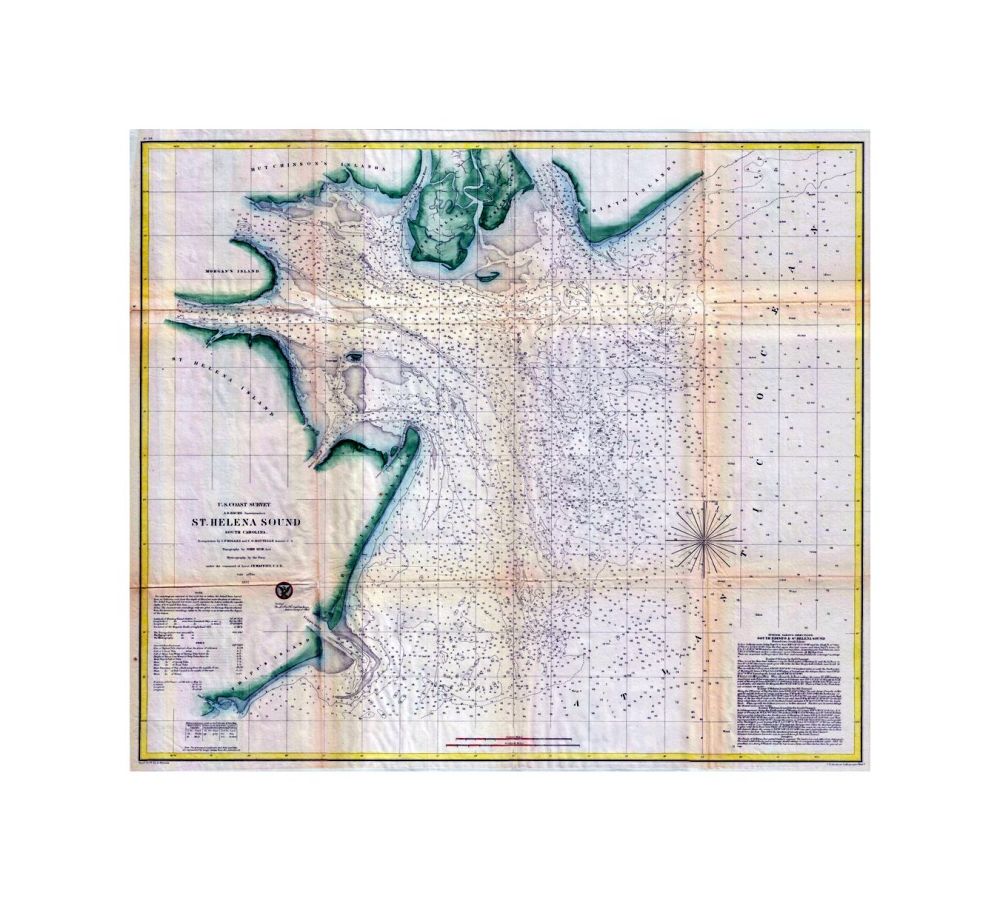 This is an appealing mid-19th century U.S. Coast Survey nautical chart or map of St. Helena Sound, South Carolina. The map covers from the edisto Islands south past MorganIsland and St. Helena Island to Fripps Island and Skull Inlet. Saint Helena Sound i