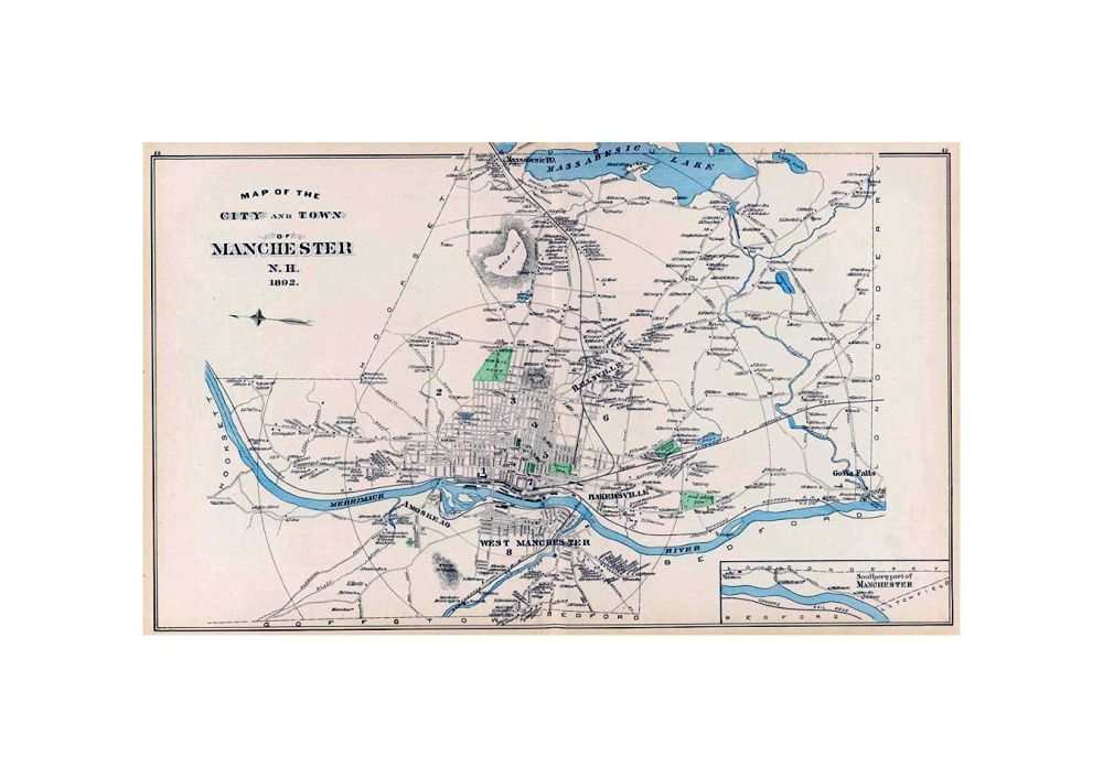 Map of the city and town of Manchester, N.H., 1892. (D.H. Hurd and Co., Boston), Town and city atlas of the state of New Hampshire. Compiled from government surveys, county records and personal investigations. D.H. Hurd and Co., Boston. 1892.