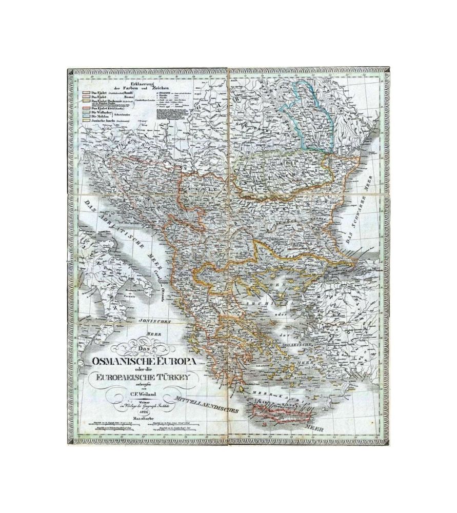 This is a scarce separate-issue 1826 map of European Turkey by C. F. Weiland. It covers Greece and the Balkans from Romania to Crete and includes the modern day nations of Greece, Macedonia, Albania, Croatia, Bosnia, Serbia, Bulgaria and Moldova. It depi