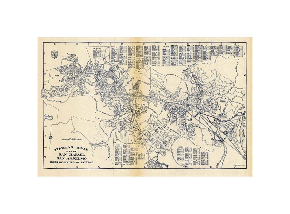 Thomas Bros Map of San Rafael, San Anselmo, Ross, Kentfield and Fairfax., Thomas Bros. Recreational and Statistical Atlas, California., Title is from the cover. There is no title page. Date is estimated. 1st "road" atlas of California. According to Tom L