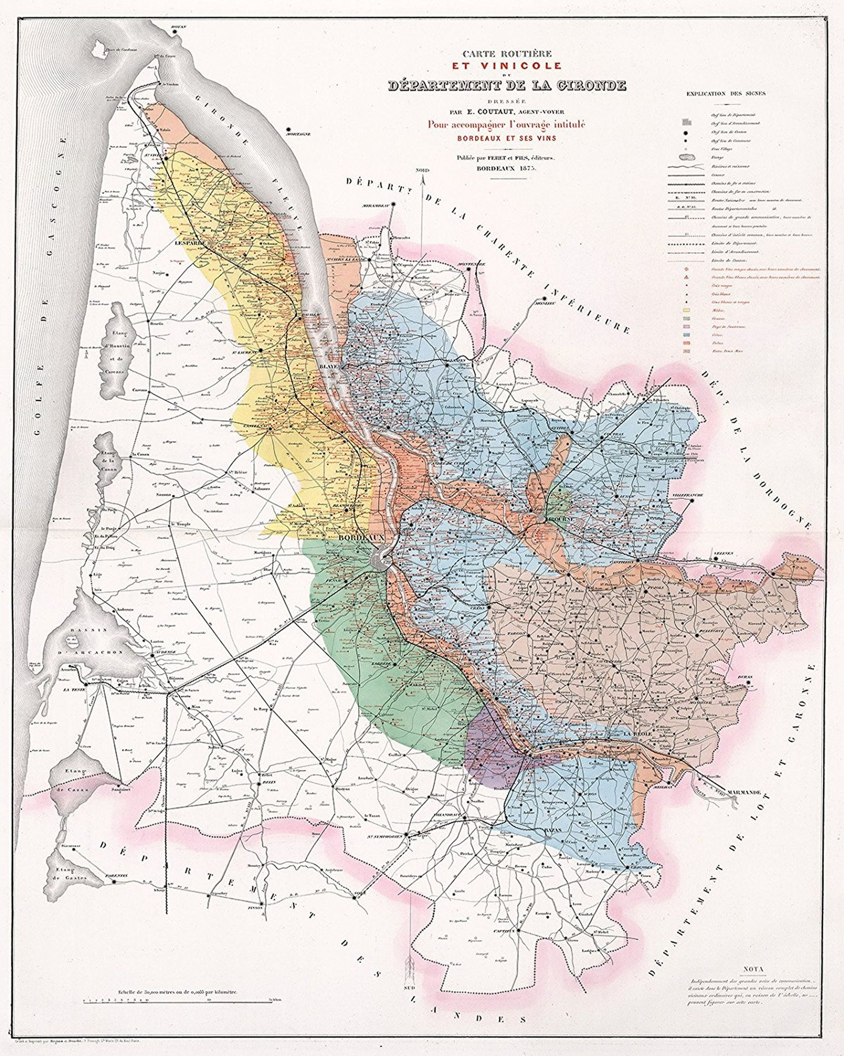 This is a wonderful 1875 map of the Department of Gironde, France, published by Feret and Fils. It depicts the Gironde on a grand scale with color coding according to wine region and type. The map also notes several important towns, villages, rivers, can