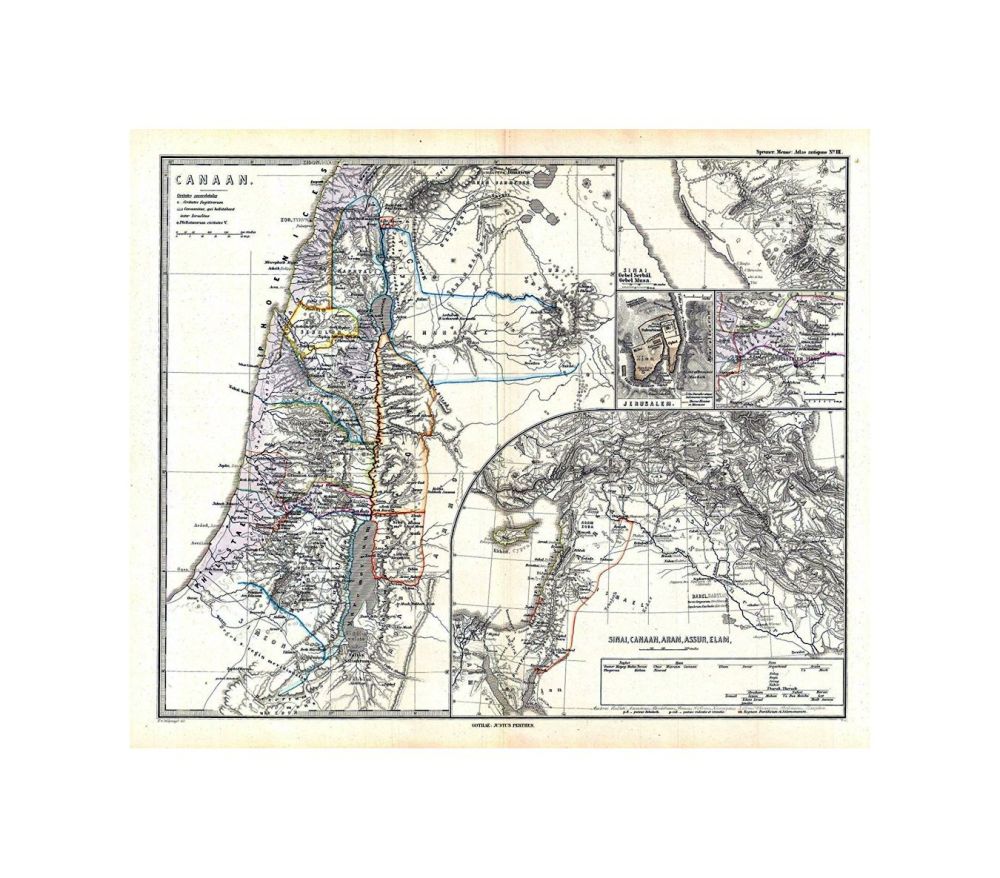 This is Karl von Spruner's 1865 map of Canaan, Israel, Palestine, or the Holy Land in, antiquity. This detailed map focuses on the eastern Mediterranean coastline from Gaza to Sarepta and inland as far as the Dead Sea. Includes the modern day countries o