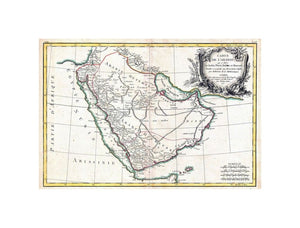 A beautiful example of Rigobert Bonne's 1771 decorative map of the Arabian Peninsula. Covers from the Mediterranean to the Indian Ocean and from the Red Sea to the Persian Gulf. Includes the modern day nations of Saudi Arabia, Palestine, Jordan, Kuwait,