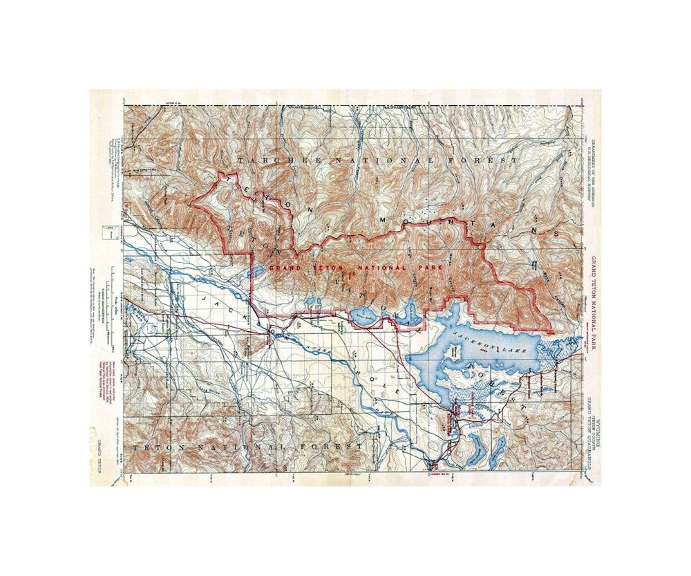 This beautiful and fascinating topographical chart depicts Grand Teton National Park in, Wyoming. This map was made shortly after Grand Teton National Park was established in, 1929. The park's main, attraction are its stunning U shaped valleys at the foo