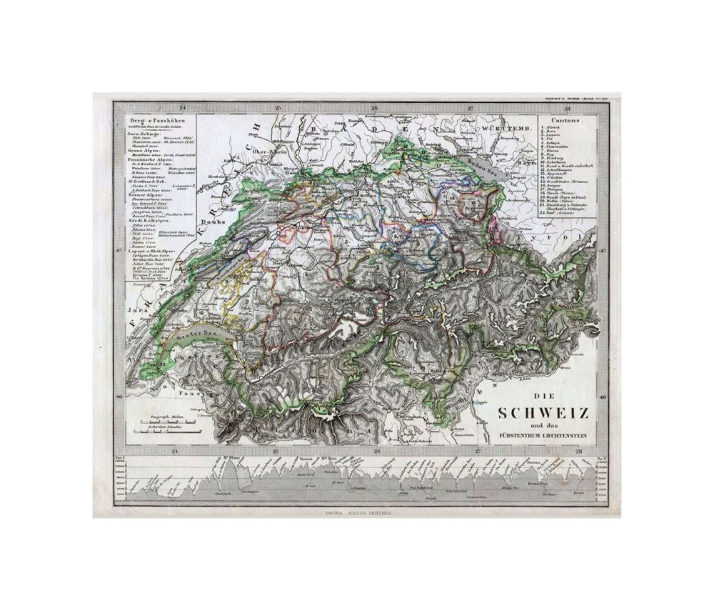 This fascinating 1862 map by Justus Perthes and Stieler depicts Switzerland. in, a cartographic flourish unique to Perthes, a elevation profile chart decorates the lower part of the map. Unlike other cartographic publishers of the period, the Justus Pert