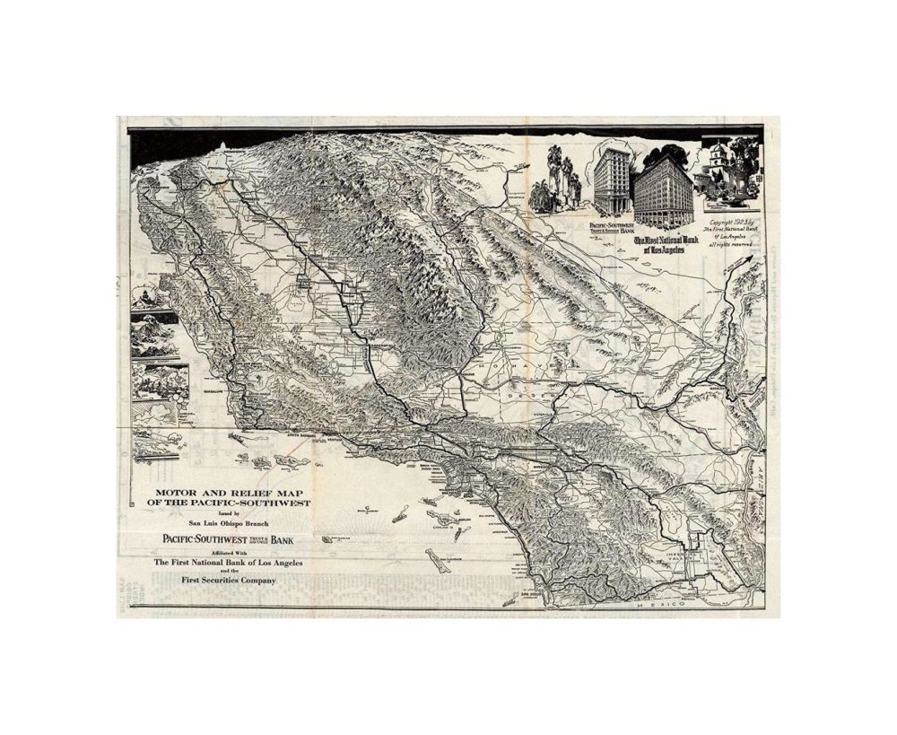 Midget Map of San Luis Obispo California. Issued by San Luis Obispo Branch Pacific-Southwest Trust and Savings Bank, Chorro and Higuera Streets, San Luis Obispo, Calif. Copyrighted by Franklin, P. Borgnis, L.A. (on verso) Motor And Relief Map Of The Paci