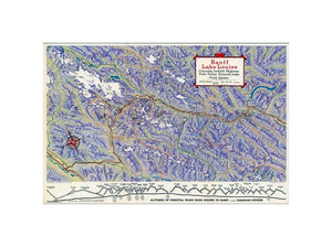 Banff Lake Louise: Columbia Icefield Highway, Yoho Valley Emerald Lake field Golden. Copyrighted by Canadian Pacific Raiway - 1941. Lithographed in, Canada 1941. (inset profile) Altitudes of principal peaks from Golden to Banff in, the Canadian Rockies.,