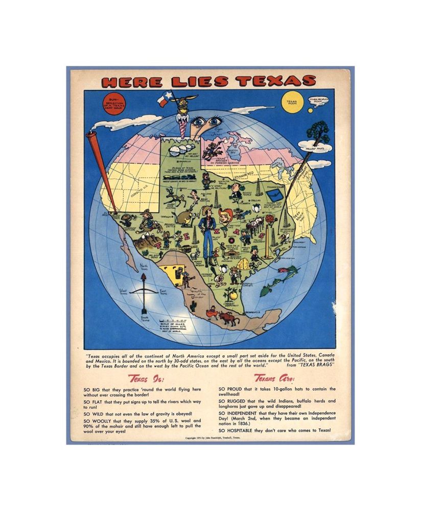 Historic Map, Here lies Texas. Copyright 1951 by John Randolph, Tomball, Texas 1951, Historic Antique Vintage Map Reprint
