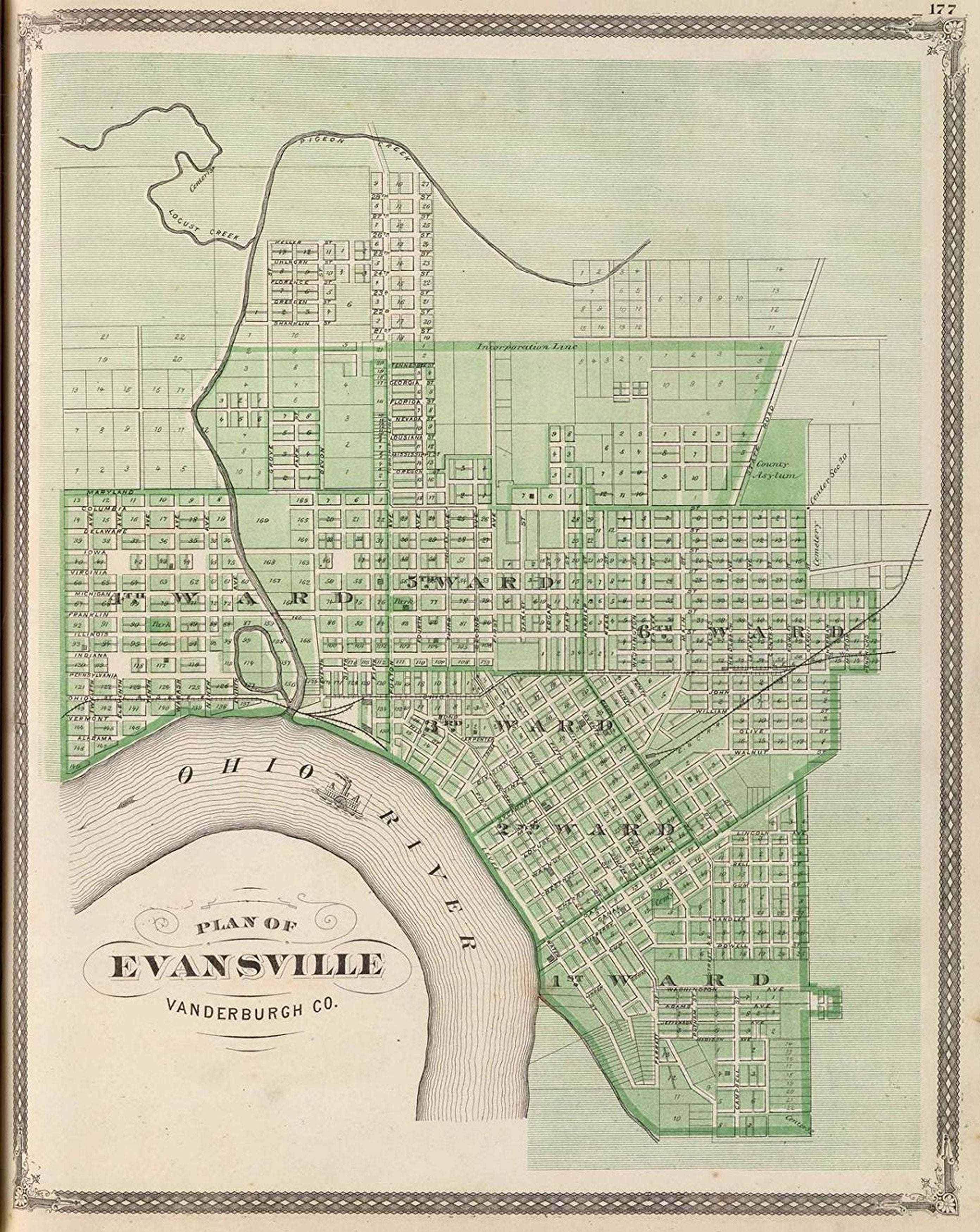 Plan of Evansville, Vanderburgh Co. (Published by Baskin, Forster and Co. Lakeside Building Chicago, 1876. Engraved and Printed by Chas. Shober and Co. Props. of Chicago Lithographing Co.), Illustrated historical atlas of the State of Indiana. Published