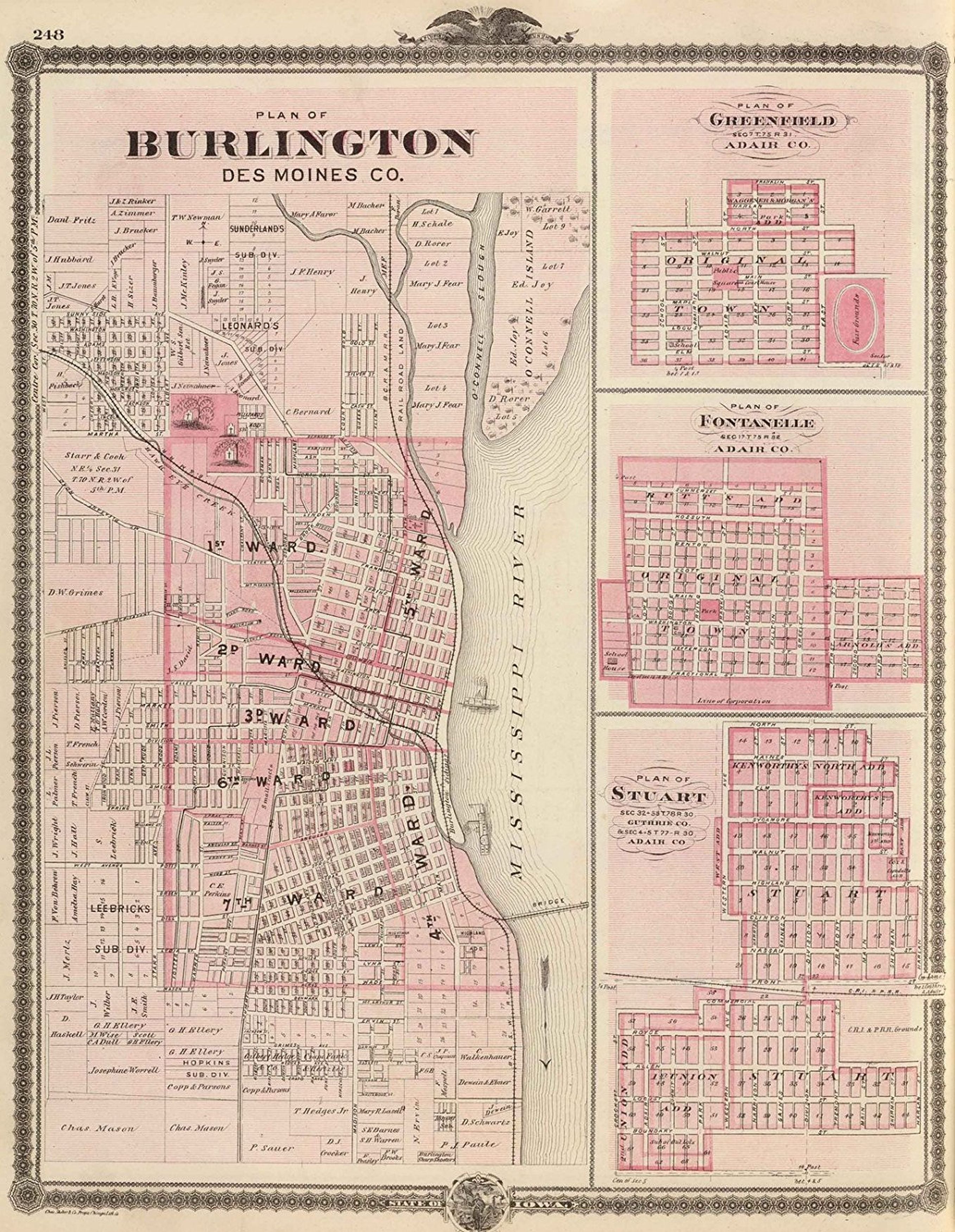 Plan of Burlington, Des Moines Co. (with) Plan of Greenfield... Adair Co. (with) Plan of Fontanelle... Adair Co. (with) Plan of Stuart... Guthrie Co.... Adair Co., State of Iowa. Chas. Shober and Co., props., Chicago Lith. Co. (Published by the Andreas A