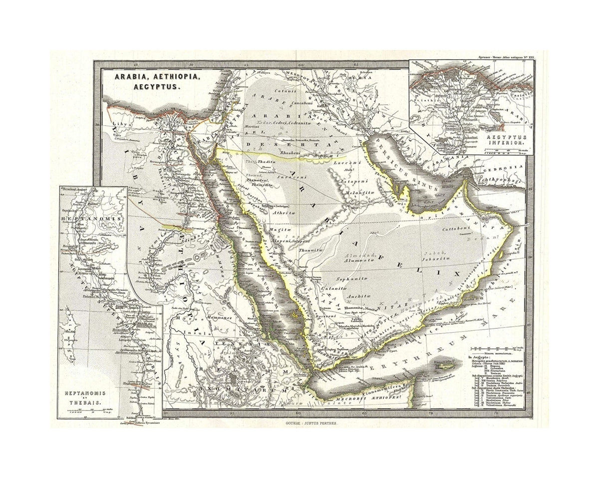 A particularly interesting historic map, this is Karl von Spruner's 1865 rendering of Arabia, Aethiopia (Ethiopia) and Egypt (Aegyptus) in, antiquity. Centered on the Red Sea or Mare Rubrum, this map covers the entirety of the Arabian Peninsula, the Pers