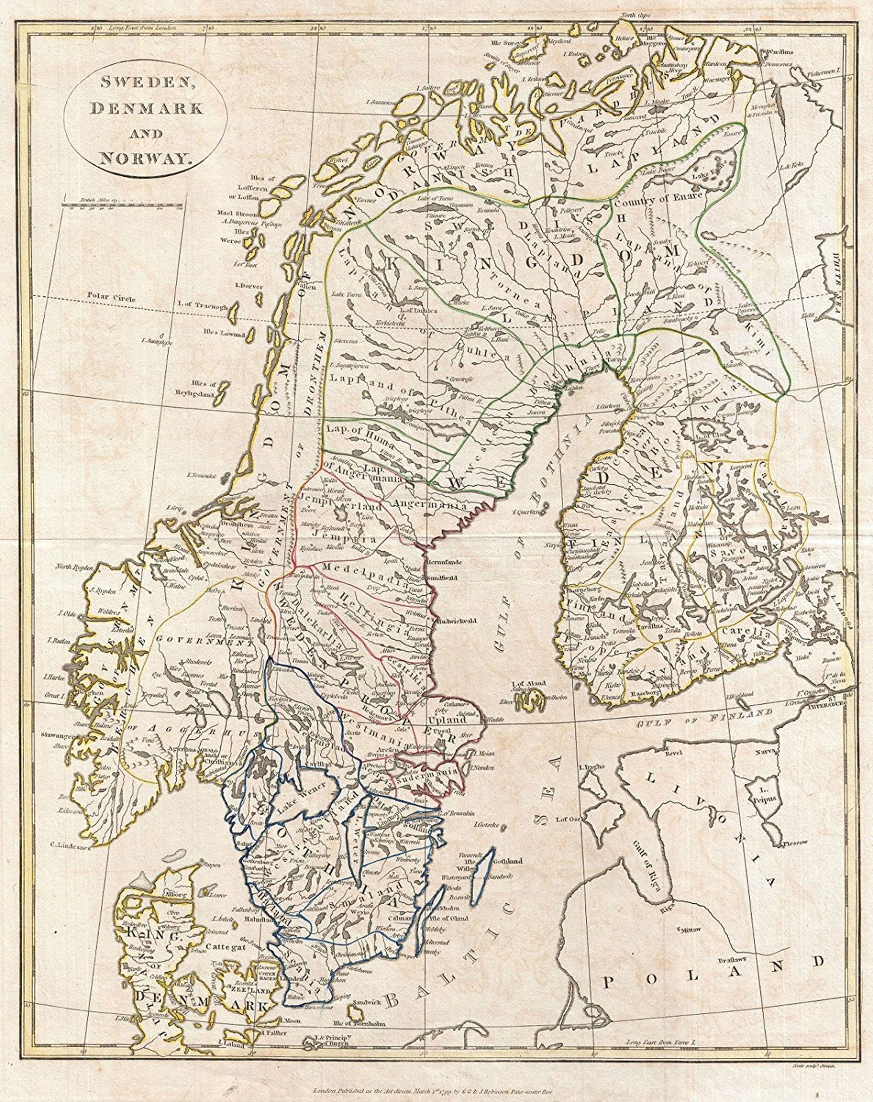A fine 1799 map of Sweden, Denmark and Norway by the English map publisher Clement Cruttwell. Map includes the Kingdom of Norway, Denmark, Sweden, and Finland. Includes the 25 provinces of Sweden, which have no administrative function, but remain, histor