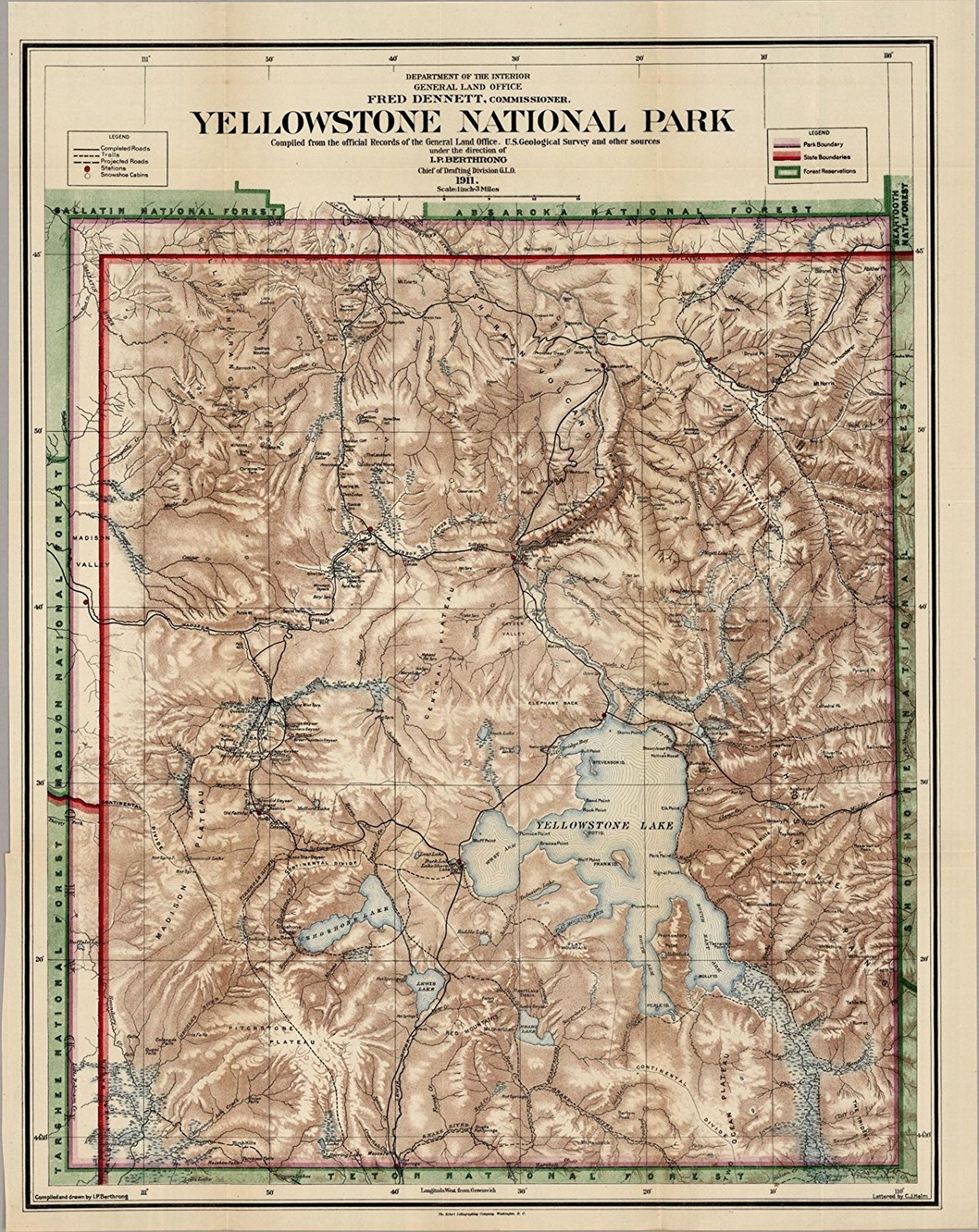 Yellowstone National Park. Department Of The Interior General Land Office, Fred Dennett, Commissioner. Compiled from the official Records of the General Land Office, U.S. Geological Survey and other sources under the direction of I.P. Berthrong, Chief of