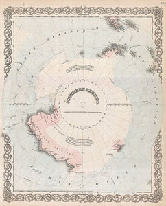 A rarely seen variant state of Colton's map of the South Pole, Antarctica, or the Southern Polar Regions. Shows the great southern continent with both solid and tentatively sketched in, borders. Notes the travels of important Antarctic explorers of the p