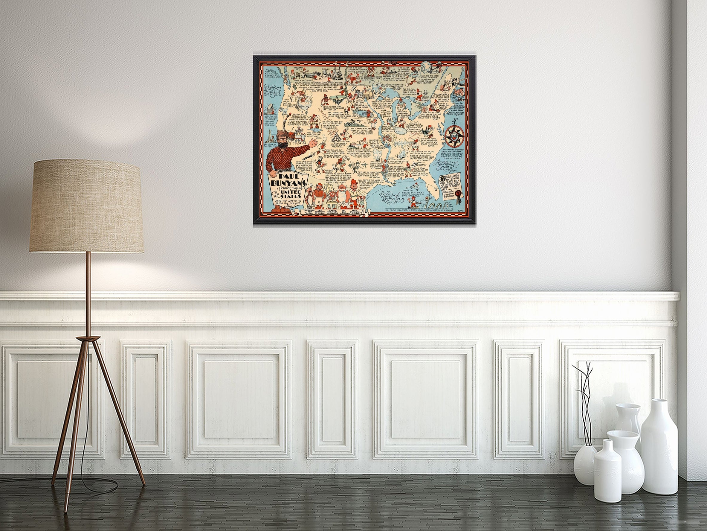 Paul Bunyan's pictorial map of the United States, 1935, Historic Antique Vintage Map Reprint