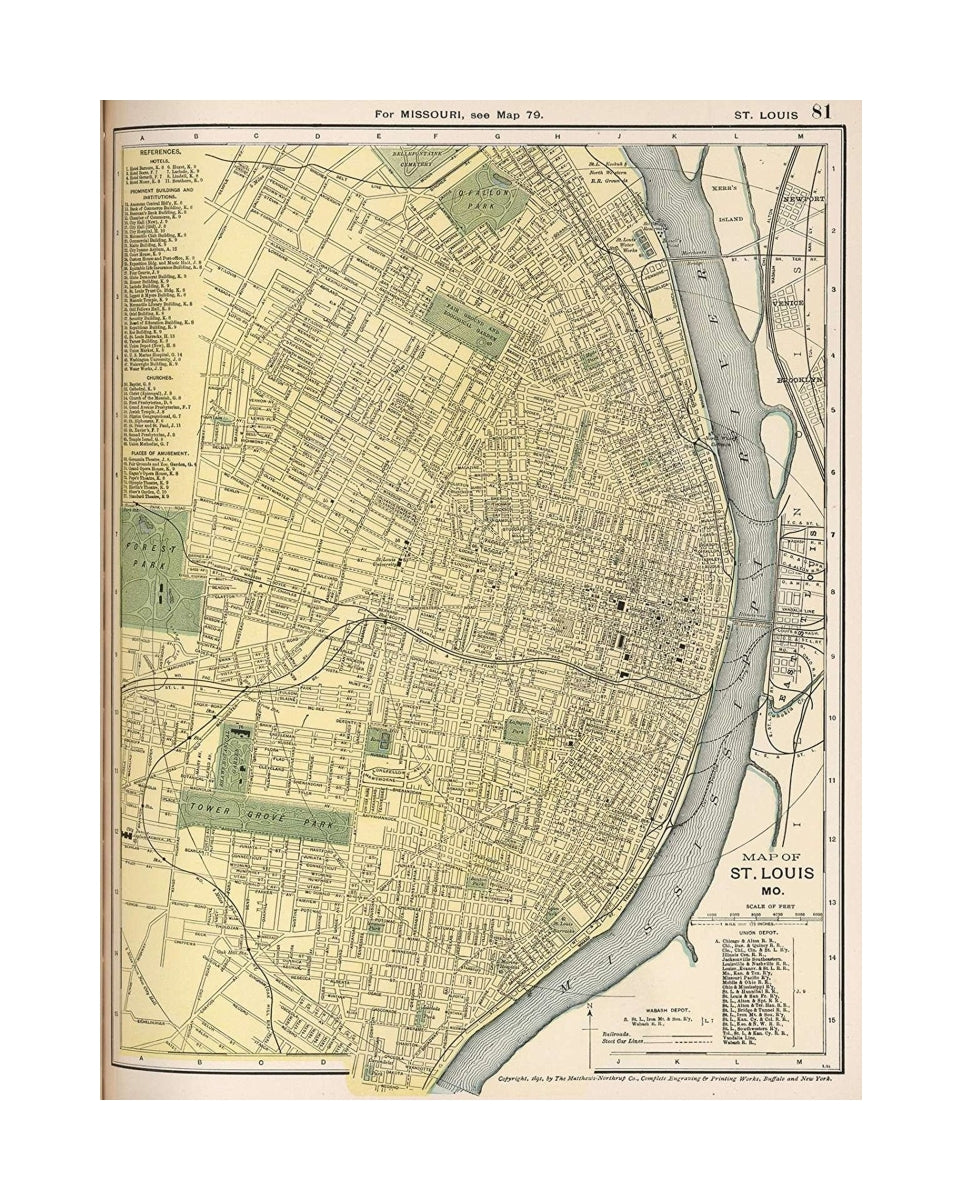 Map of St. Louis, Mo. Copyright 1891 by Matthews-Northrup Co.... Buffalo, New York. (to accompany) The Library Atlas Of Modern Geography... New York, D. Appleton And Company 1892. (on upper margin) St. Louis. 81., The Library Atlas Of Modern Geography...