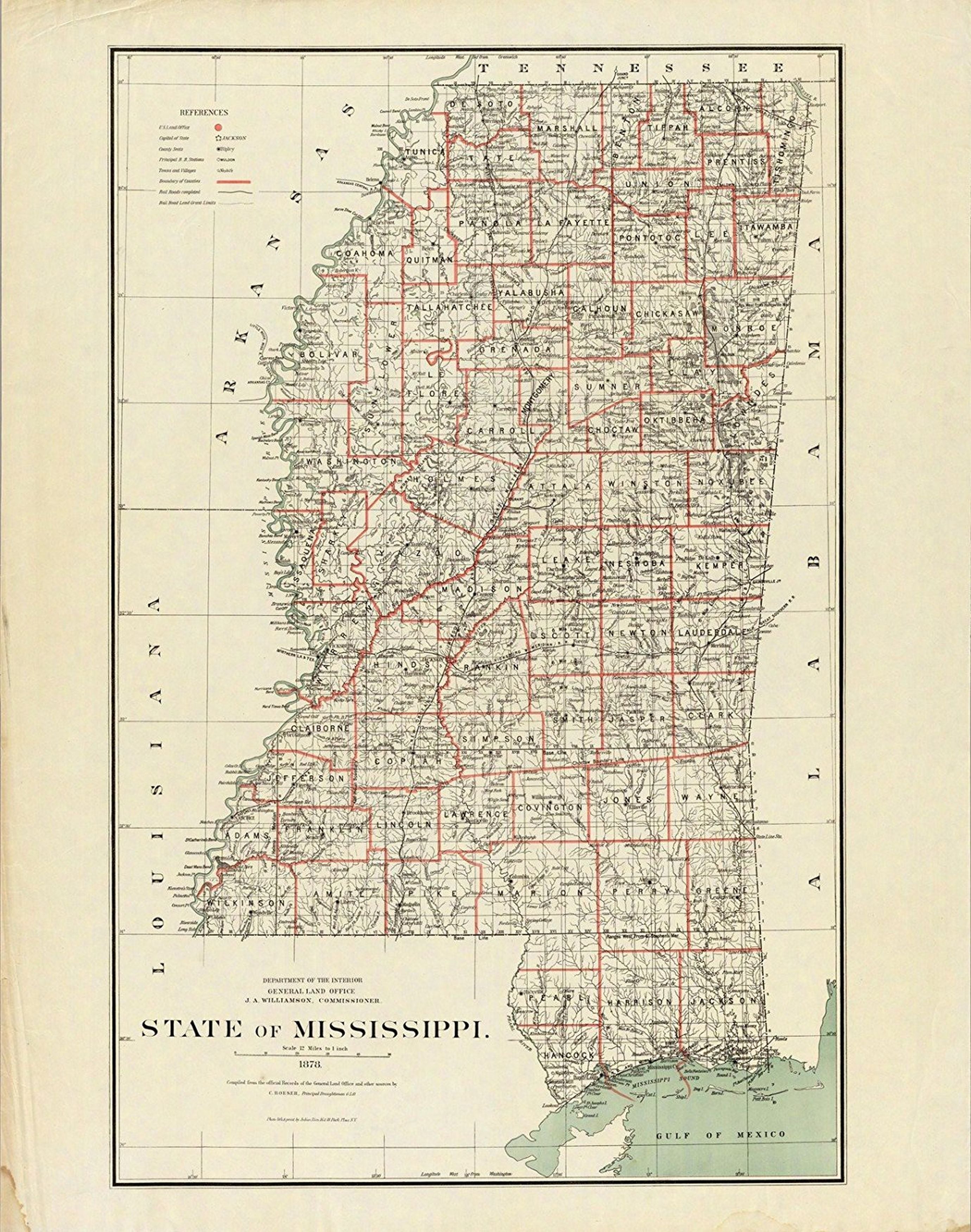 Department Of The Interior General Land Office J.A. Williamson, Commissioner. State of Mississippi. 1878. Compiled from the official Records of the General Land Office and other sources by C. Roeser, Principal Draughtsman G.L.O. Photo lith and print by J
