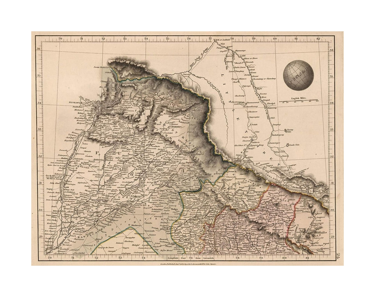 Punjab. London, Published Jany. 4.1825 by A. and S. Arrowsmith, No.10 Soho Square., Outlines Of The World. By A. Arrowsmith, Hydrographer to His Majesty. 1825. London; Published Jany 4th 1825, by A. and S. Arrowsmith, No. 10, Soho Square. (title page por