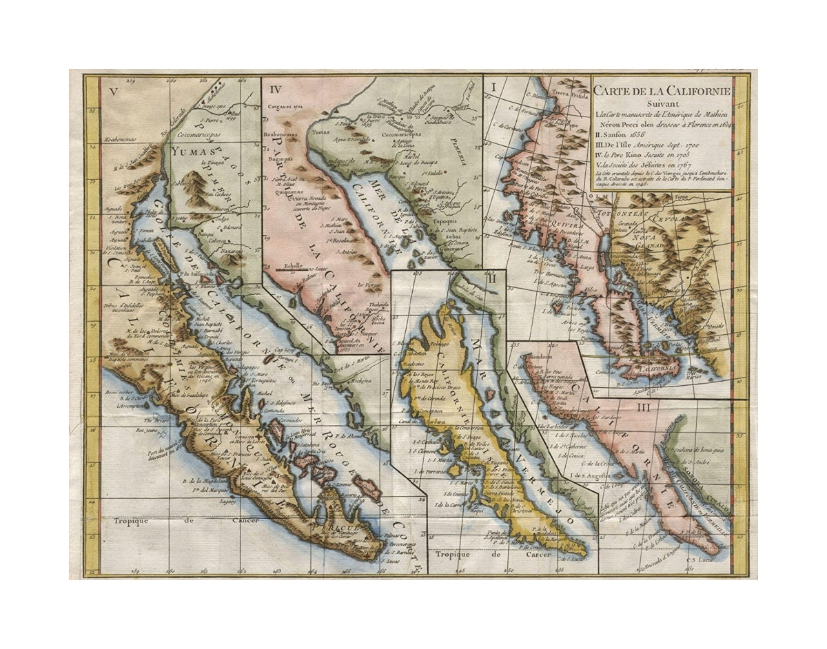 A rare and important map of California in, five different states, ranging from roughly 1656 to 1767. Engraved by the important French cartographer Robert De Vaugondy, for the c. 1770 edition of the Denis Diderot (1713-84) Encyclopedie . This map explores