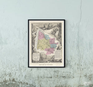 This is a fascinating 1861 map of the French department of Gironde. This coastal department is the seat of the Bordeaux wine region and produces many of the world's finest reds. Shows numerous vineyards and chateaux. The whole is surrounded by elaborate