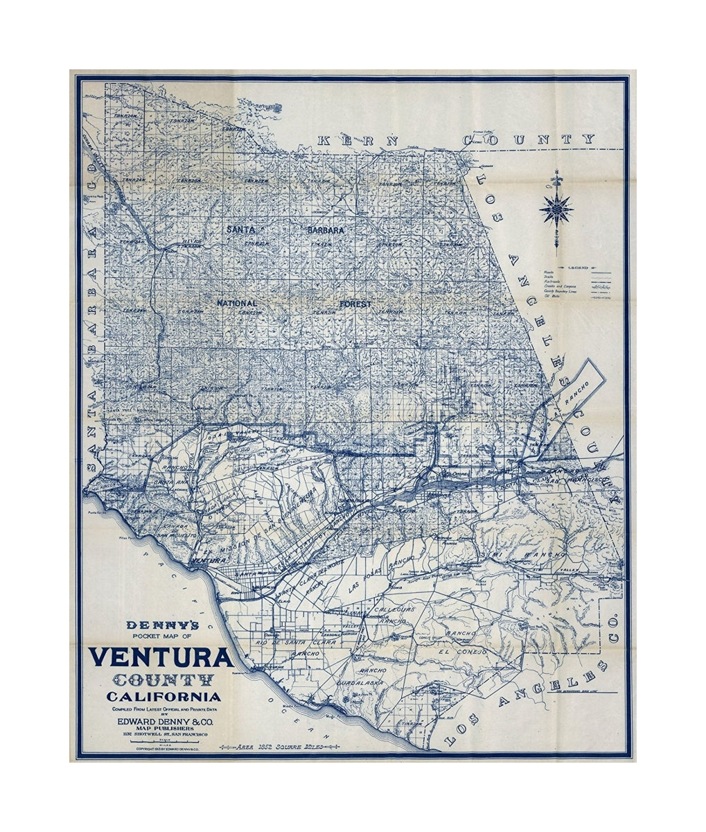 Denny's Pocket Map Of Ventura County, California. Compiled From Latest Official And Private Data By Edward Denny and Co. Map Publishers 1132 Shotwell St., San Francisco. Copyright 1913 By Edward Denny and Co., Denny's Pocket Map Of Ventura County, Califo