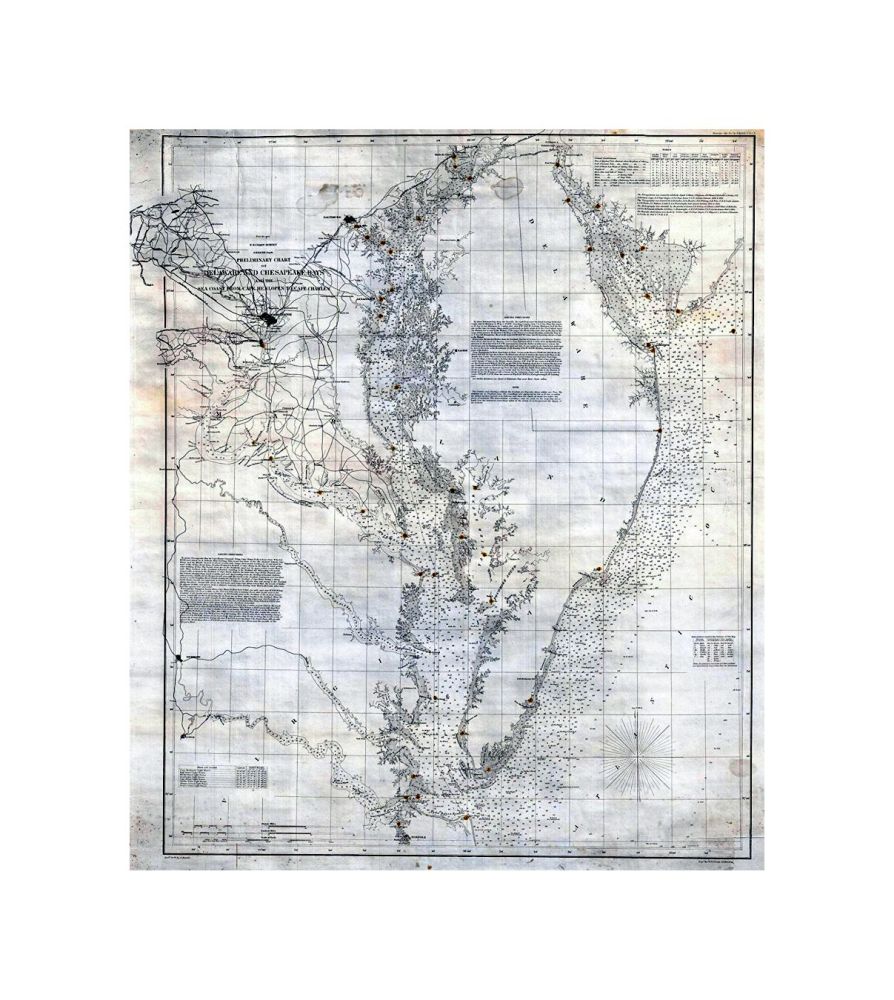 An exceptional example of the 1855 U.S. Coast Survey's progress chart of the Chesapeake Bay and Delaware Bay. Covers the Bay from the mouth of the Susquehanna River southwards as far as Cape Henry and Norfolk. Includes both the Chesapeake Bay and Delawar